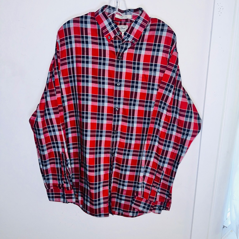 LL Bean Mens Wrinkle Free Slightly Fitted Plaid Button Down Shirt Red Blue L-Reg